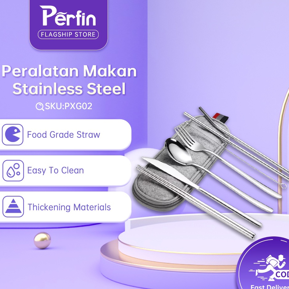 zi Perfin PXG01/PXG02 Sedotan Stainless & Cutlery travel set # Silver ✦ ★★★★