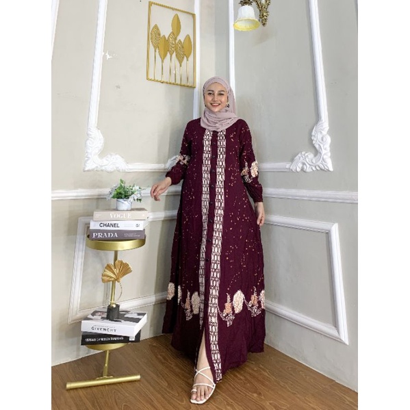 gamis twill ori motif maroon Garis