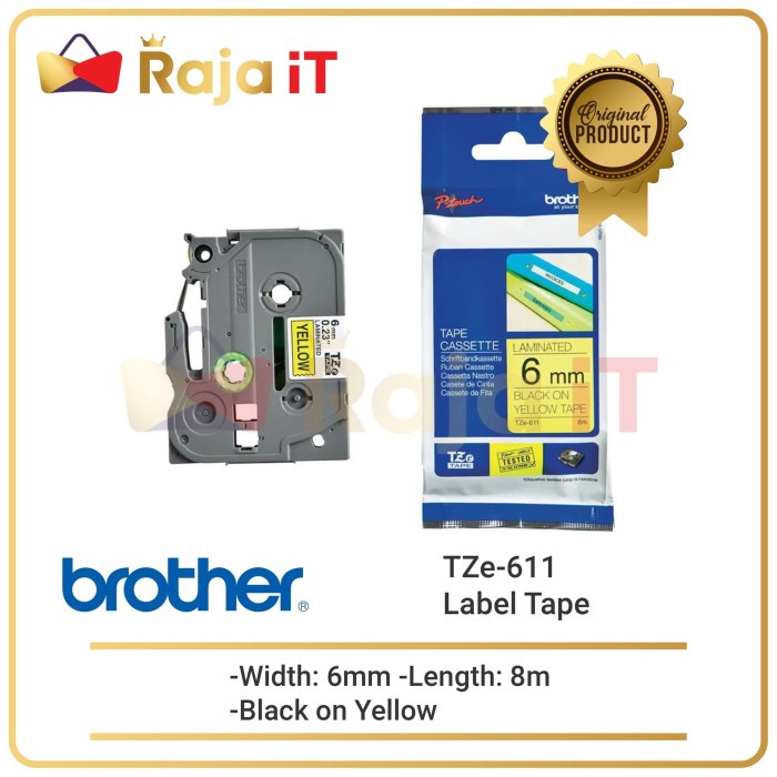 

BROTHER Label Tape TZE 611 6mm Black On Yellow