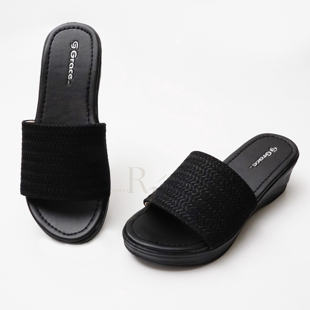 SALE. GRACE [AKASIA SELOP] Sandal Wedges Rajut Selop Wanita/ Sandal Hak Tebal/ Sendal Hak Selop Koko