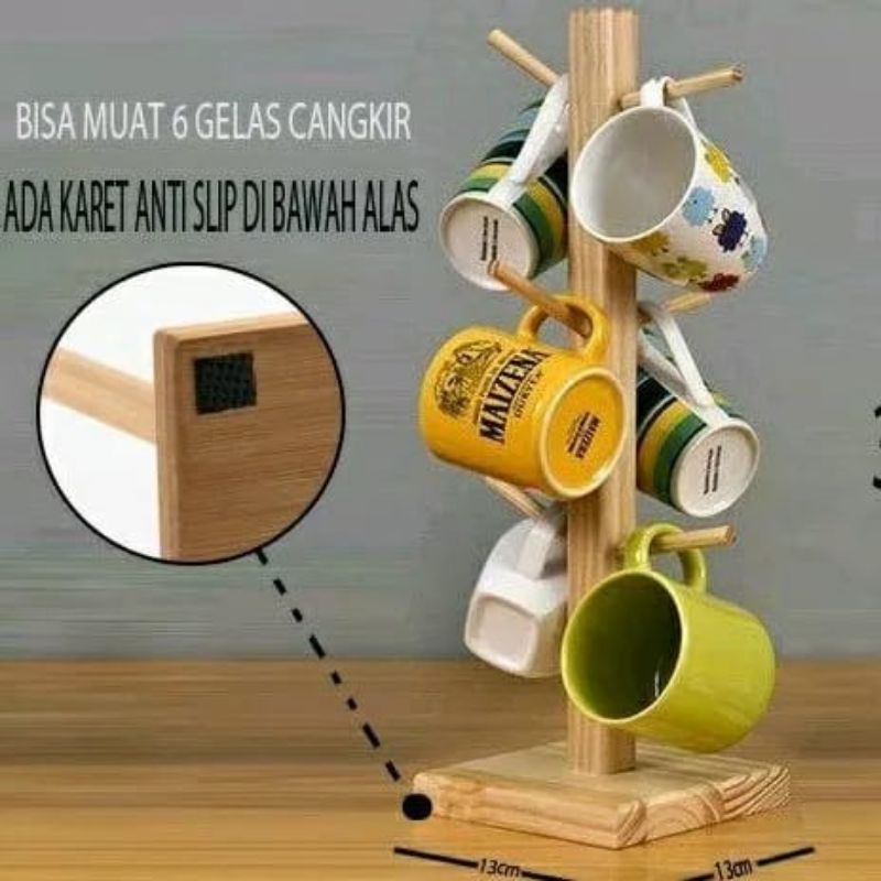 02 rak gelas kayu tatakan gelas 6 slot rak gelas aesthetic