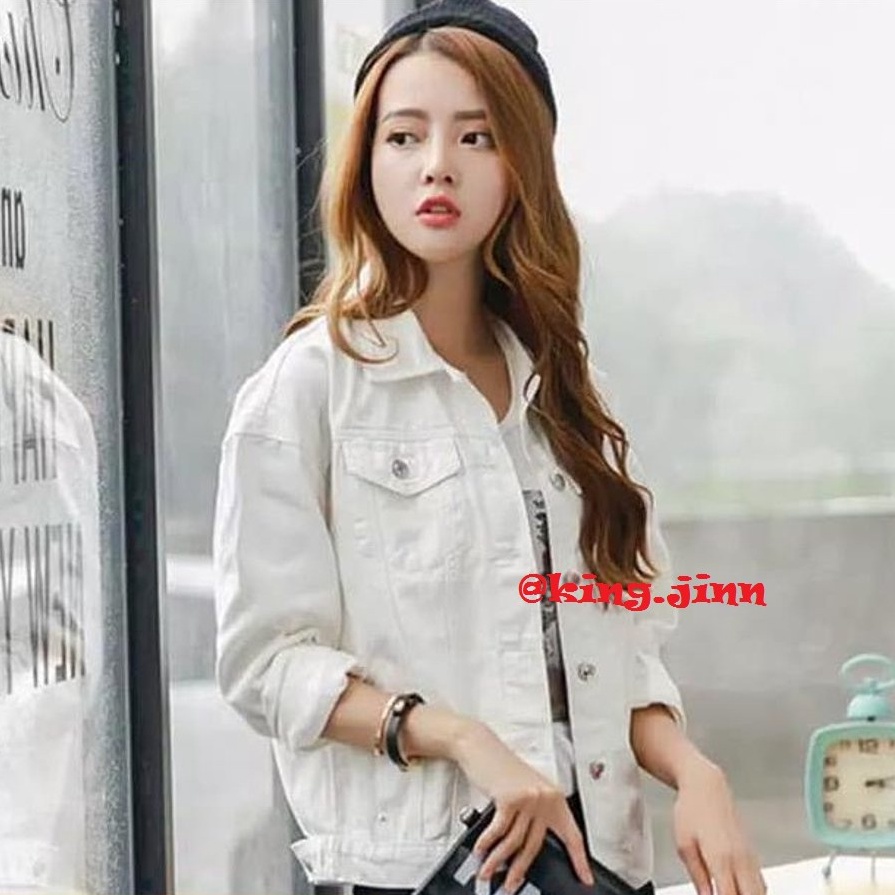 Terkini Jaket Jeans Premium Wanita Putih - Saku Dalam