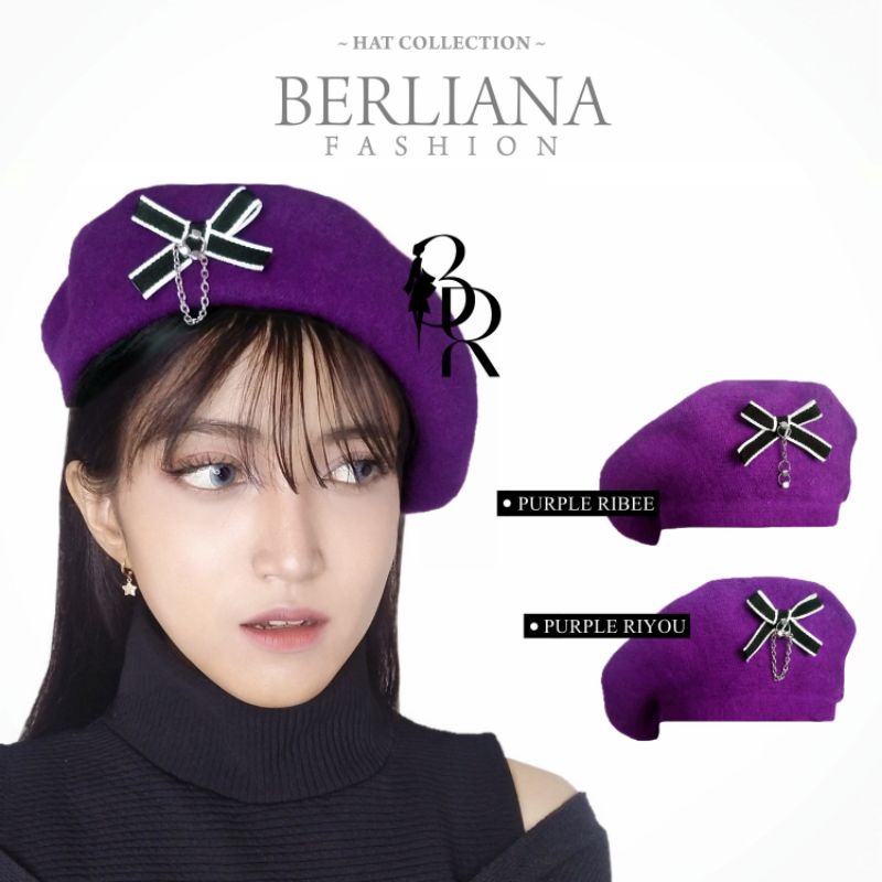 BARET HAT PURPLE LINE WITH RIBBON - TOPI KOREA