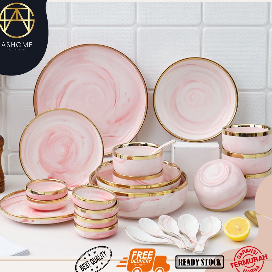 ★★ INA ASHOME Piring Keramik Pink Marble List Gold Elegan / Piring Keramik Motif Marmer Pink List Em