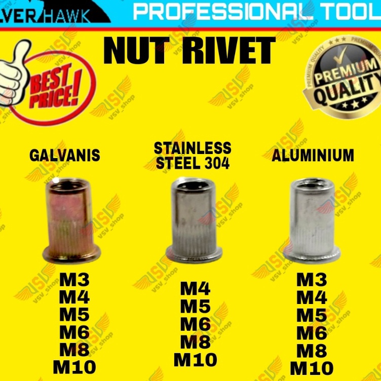 Star Seller Rivet Nut M5 GALVANIS/STAINLESS STEEL/ALUMINIUM Mur Rivet Tanam Rifnut Nutsert
