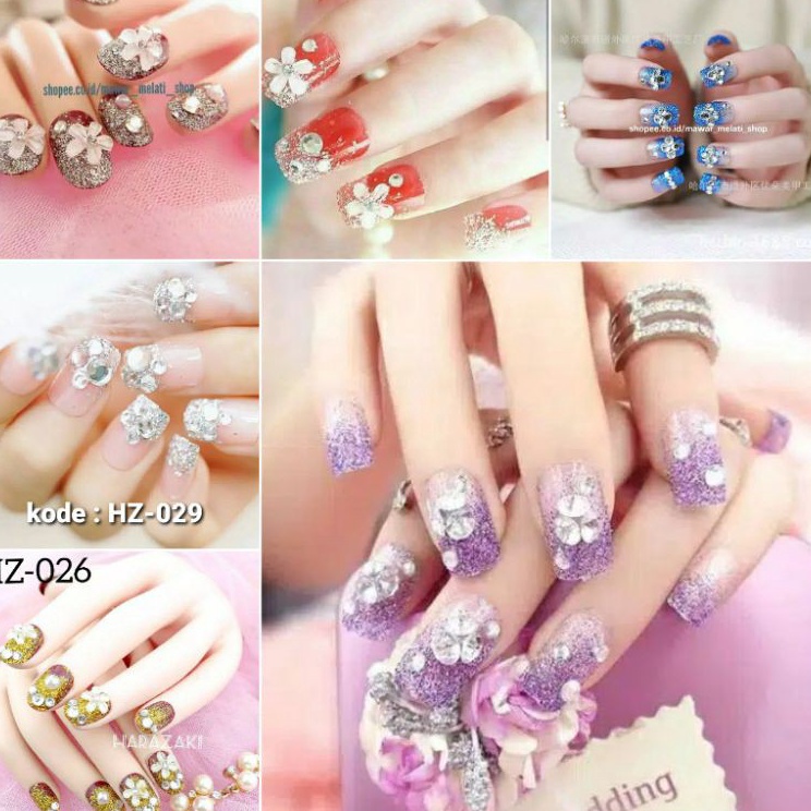 Buruan Beli❊↑ JGKKT Kuku palsu pengantin bunga gold hijau merah ungu 047 Stok Banyak