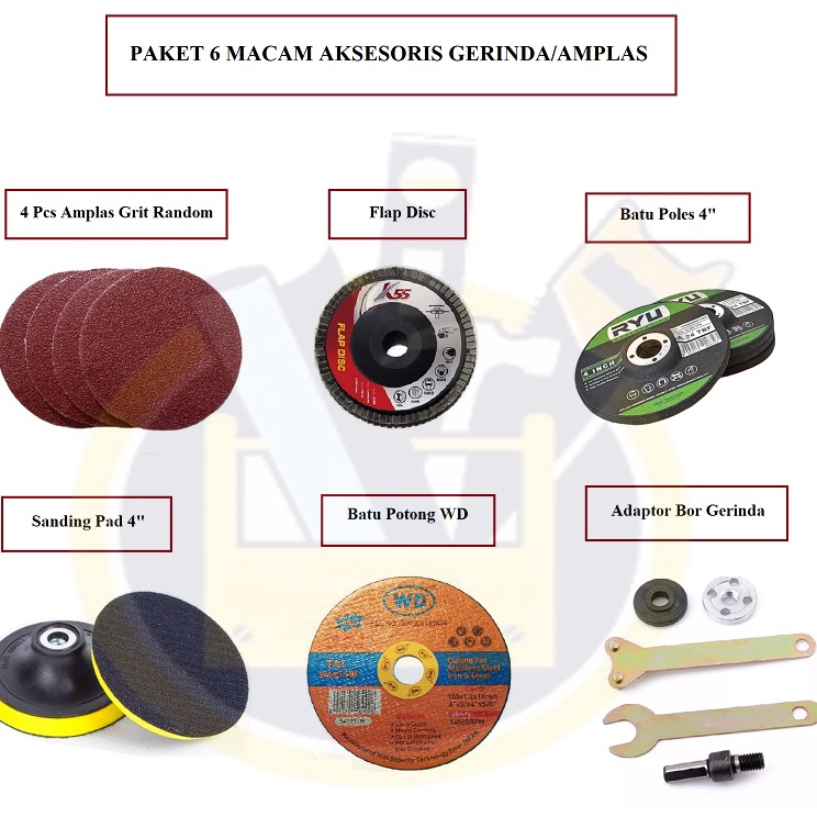 ✺Pasti Murah✰← ZW0NL PAKET 6 Macam Aksesoris Gerinda 4 inch / Amplas Poles ( 4 Amplas Bulat Vecro - 