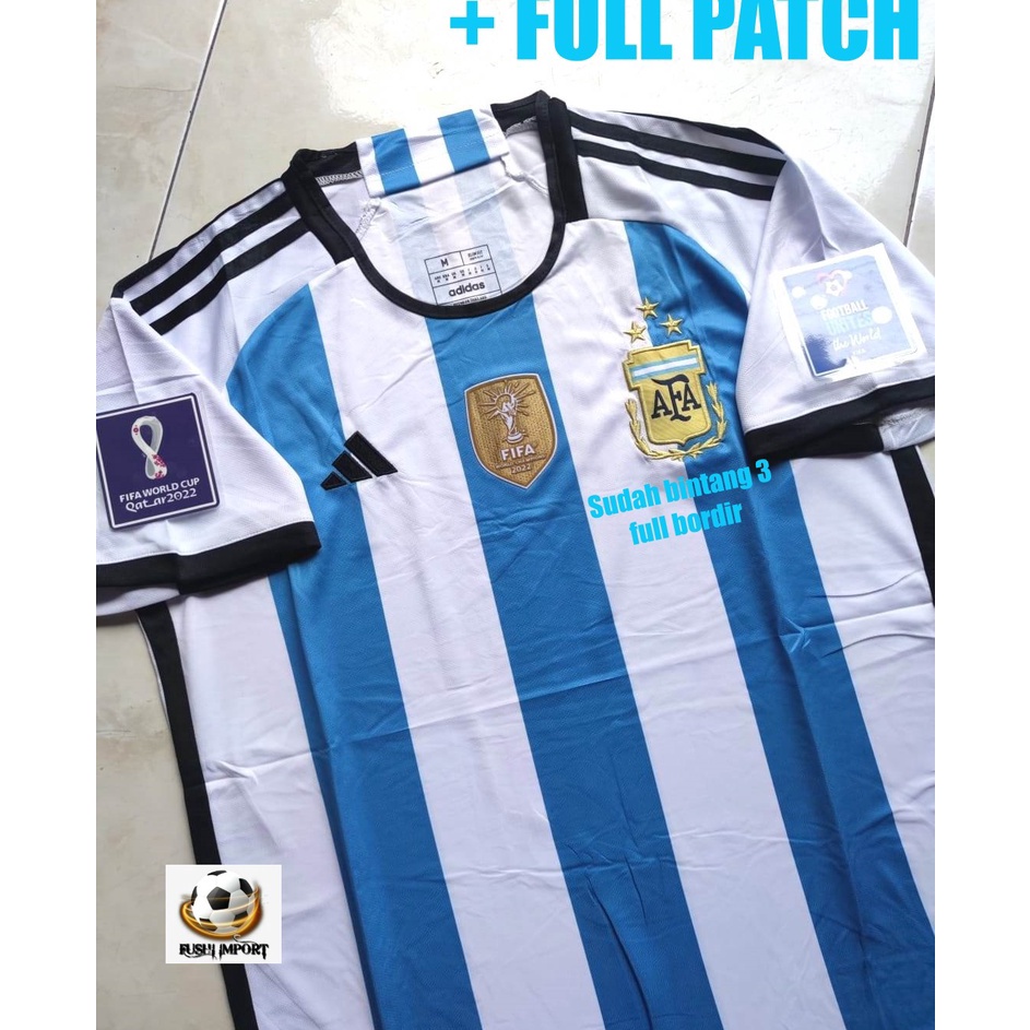 Terkini⁎➳ TBQQS Jersey Baju Bola Argentina Home Bintang 3 Full Patch JUARA Piala Dunia World Cup CHA