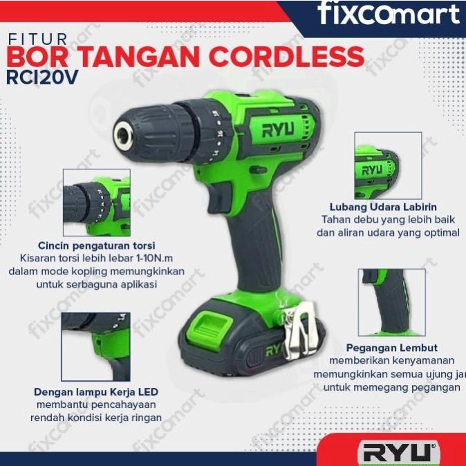 Ryu Mesin Bor Tangan Cordless Rcd 12V / Mesin Bor Baterai Portable