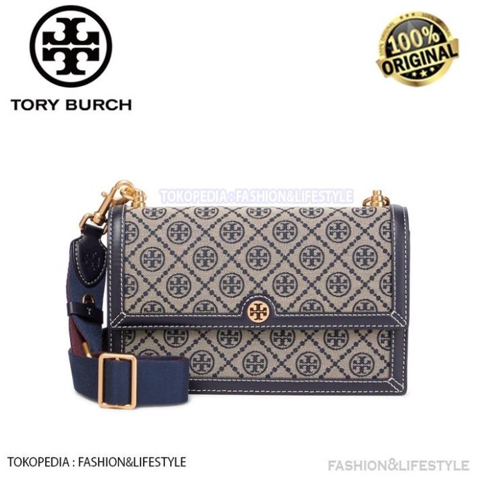 TAS TORY BURCH T Monogram Jacquard Shoulder Bag Navy ORIGINAL TB