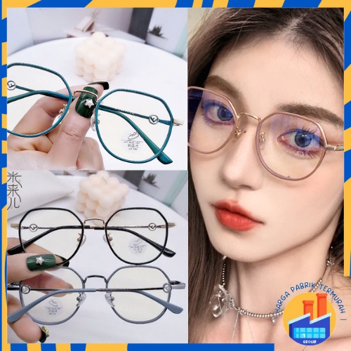 HPT Kacamata Anti Radiasi 6637 Kaca Mata Poligonal Wanita Pria Frame Sunglasses Lensa Transparan Fas