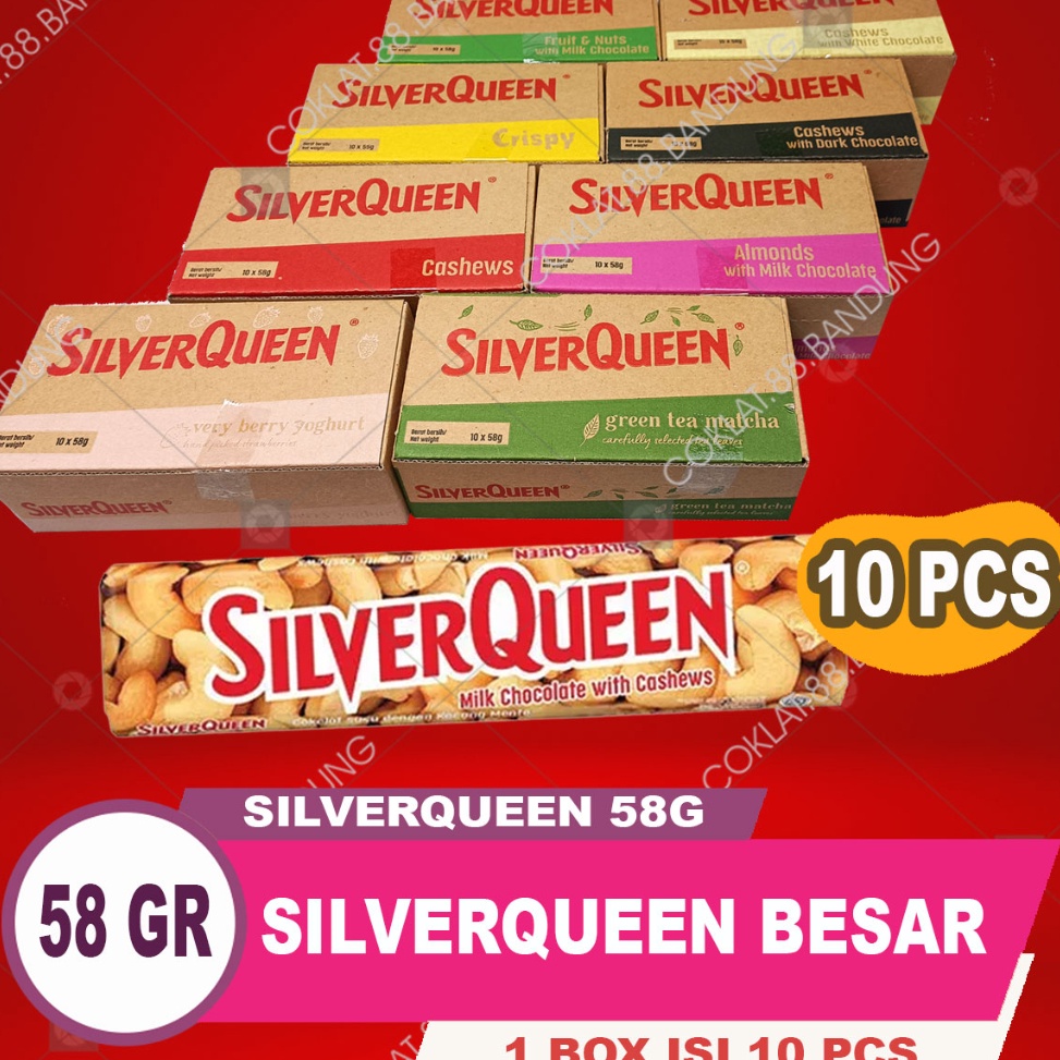 

Promo.. SILVERQUEEN 58GR 1 BOX ISI 10 PCS EX 62 GR COKELAT BESAR, COKLAT SILVERQUEEN 58 GRAM 1 DUS 10 PCS, SILVER QUEEN 58 GRAM BUY 2 GET 1 58 G GCP