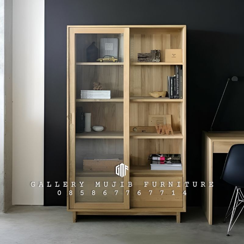 Lemari Rak Buku 2 pintu sliding lemari pajangan minimalis kayu jati