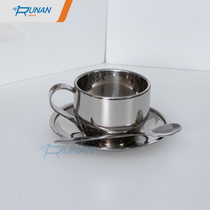 Cangkir Kopi Teh Set 120 Ml Stainless Gelas Sendok Piring Kopi Cafe