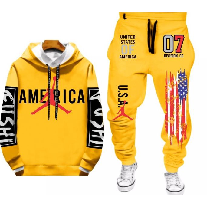 Baju Setelan Pria 1 Set Cowok Hoodie America + Celana Joger Sport