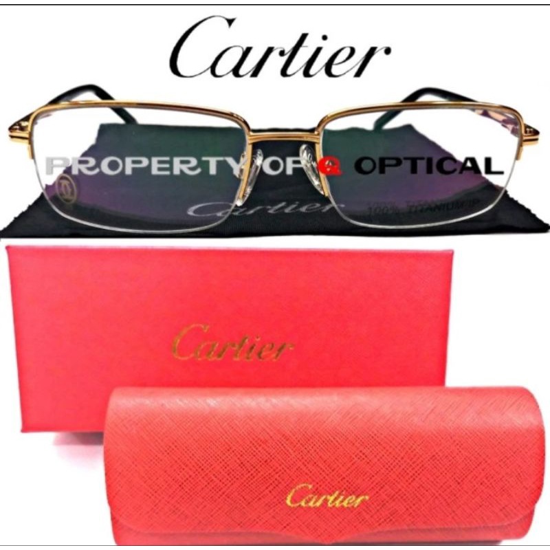 Kacamata Frame Pria Original CARTIER CT8399861 Gold Pure Titanium Half Elegan Model