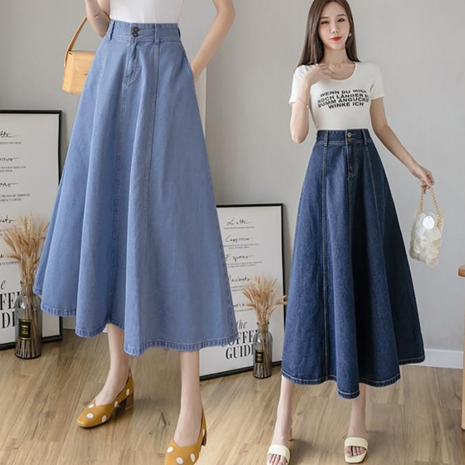 Circle Pocket Denim Flare Skirt(#6065)/Rok Jeans Wanita/Rok Midi Maxi