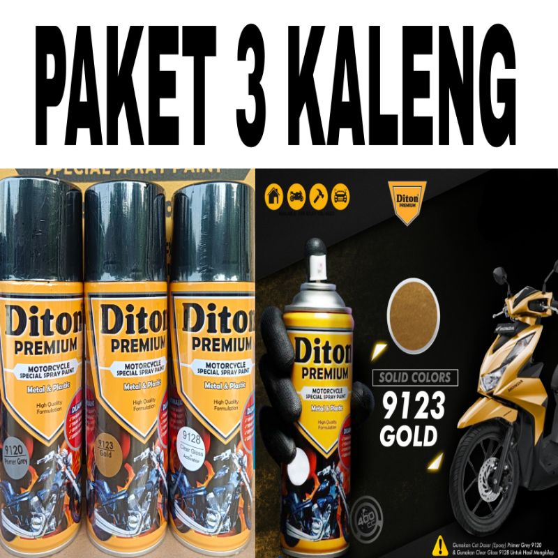 PAKET 3 KALENG pilok pilox cat semprot diton premium gold 9123 pilok warna gold rcb 400cc