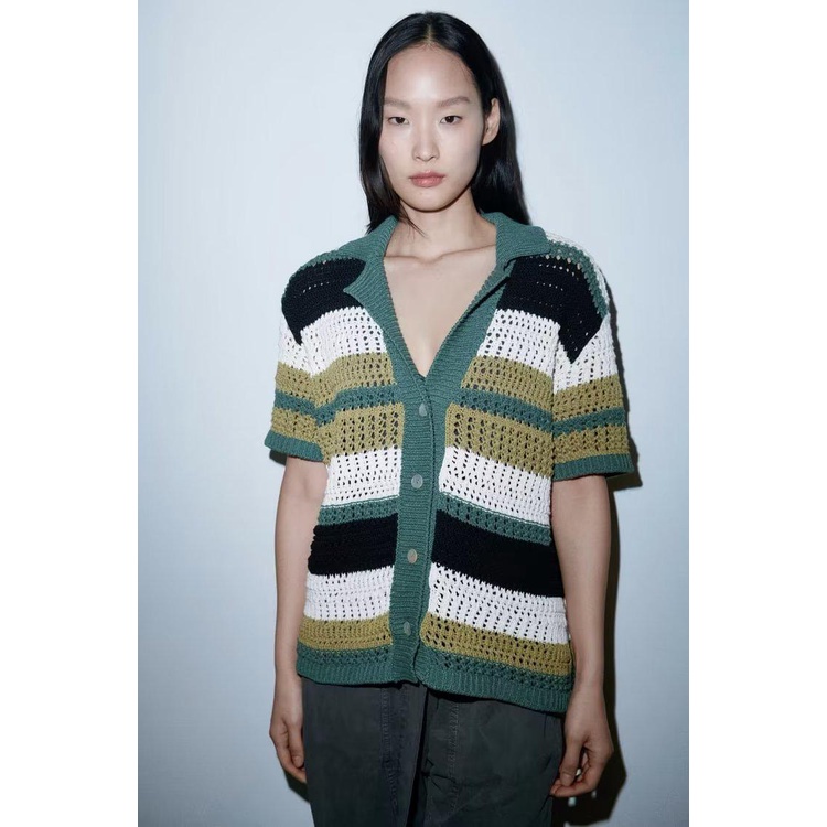 ❤Women 2023 New Lapel Slim  Tops Ladies Buttons Stripe Sexy V Neck Short Sleeve POLO Neck Knit Cardi