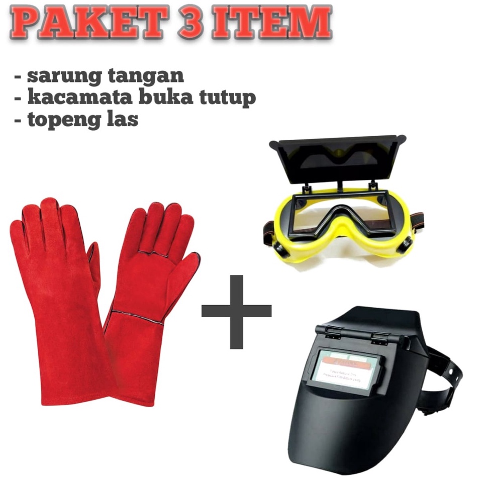 ❉YRp PAKET HEMAT 3 item Sarung Tangan Las Kulit Merah + TOPENG Kedok Helm Las Auto Dark Otomatis Gel