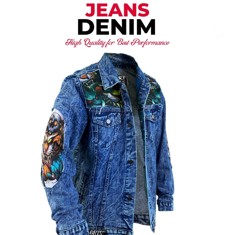 ぽ IV 8558 Jaket Jeans Pria Denim Jacket Distro Full Printing Motif Batik Naga Ready Stok ᴹᴿ°᭄