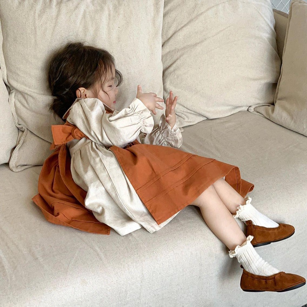 ❤3888C Girl Dress 2022 Autumn Winter New Korean Girl's Dress Retro Cotton-linen Embroidered Bib Skir