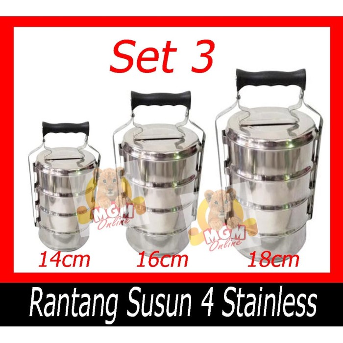 Rantang stainless susun 4 isi 3set (14cm & 16cm & 18cm) rantang piknik