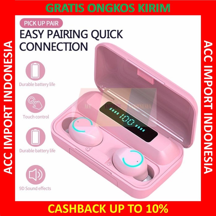 earphone bluetooth Headset Bluetooth TWS Macaron F9 Wireless Headset Pink Lucu - Hitam Y5W1 BEST SEL