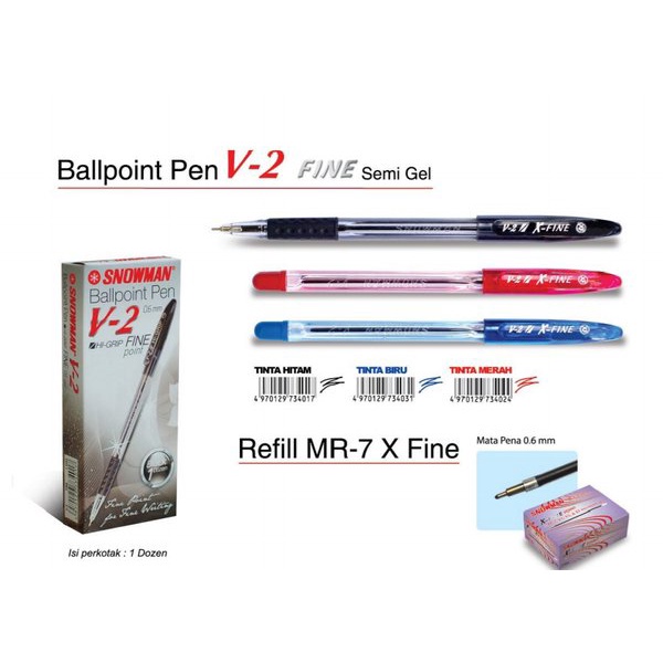 

Snowman Ballpoint V-2 Fine 0.6mm Hitam / Biru / Merah - ( 1 Pack - 12 Pcs ) ( IRRA STORE )