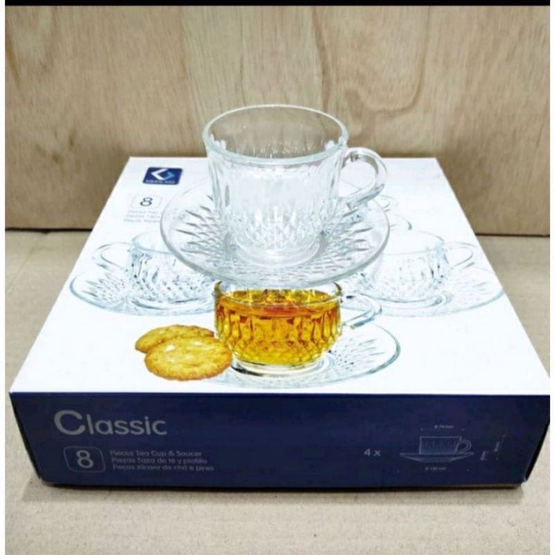 CANGKIR TEH SET / 4 PCS GELAS DAN TATAKAN CLASSIC KIM GLASS 160 ML