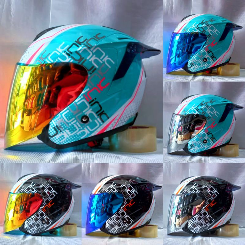 Helm half face ink dynamix motip terbaru #4 aqua blue fuxia original helm/paket ganteng