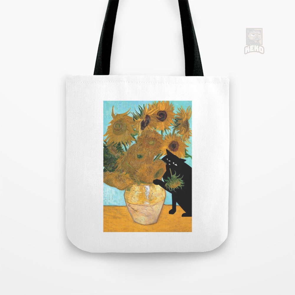 Tote Bag Kanvas Van Gogh Sunflowers with a cat