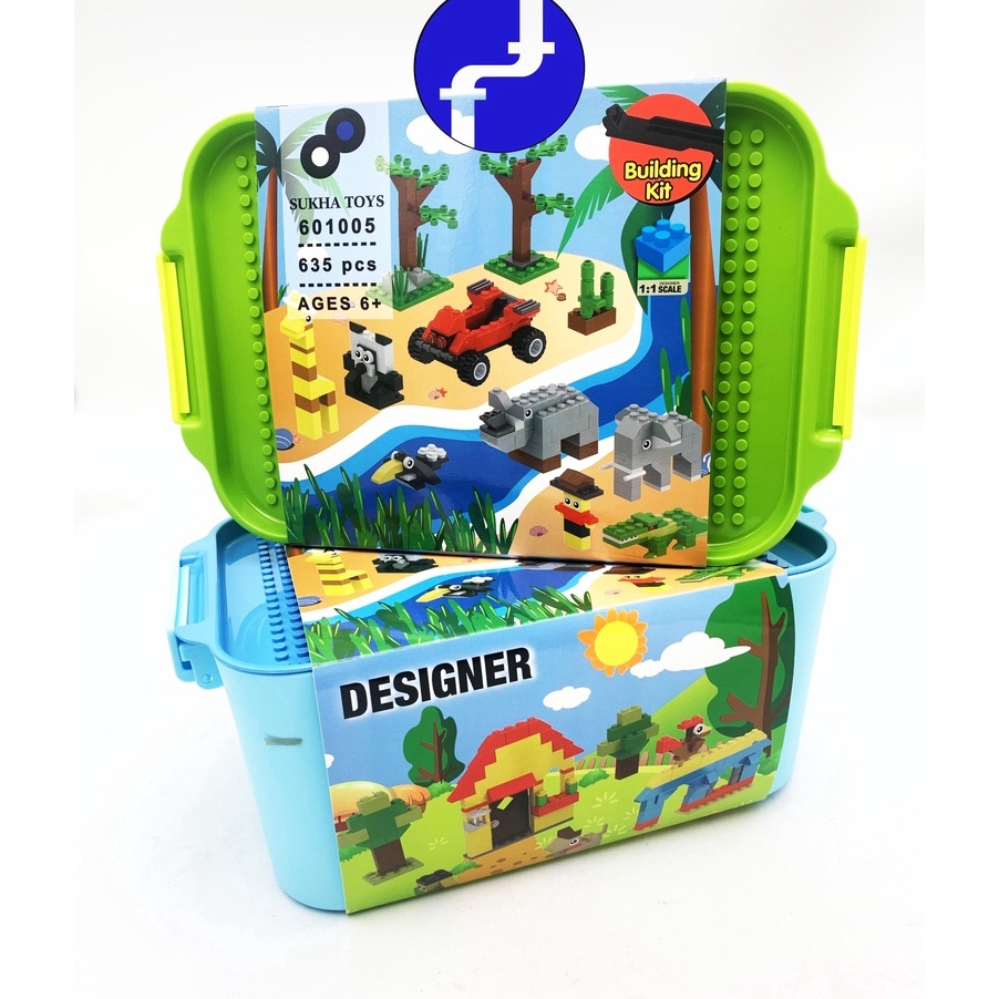 Restock Mainan Anak Building Kit Panlos Brick Wange Designer 625 Blocks BOX Hijau dan Biru 601005