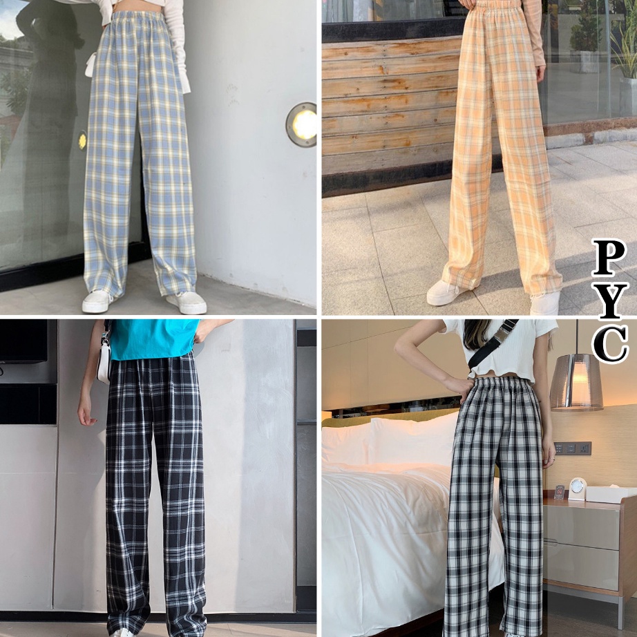 New Celana kotak Kulot highwaist wanita Celana korea Pinggang elastis celana tartan - BISA COD
