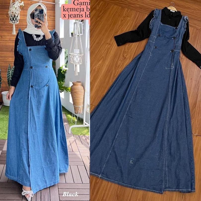 Recomend Dress Bianca 2in1 / Baju Gamis Wanita Set Kemeja Shakila + Overall Jeans / Fashion Muslim C