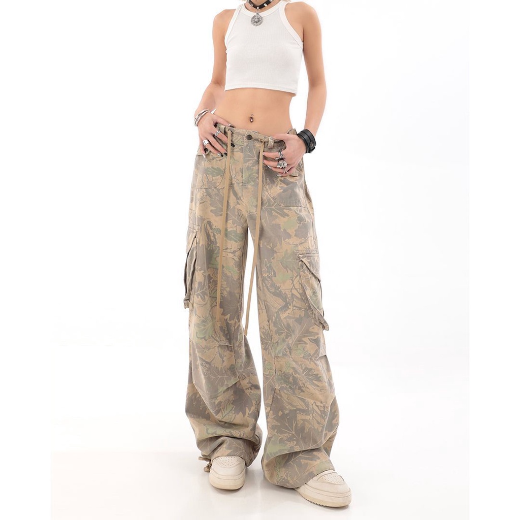 celana jeans panjang wanita American retro babes camouflage overalls for men and women ins summer hi