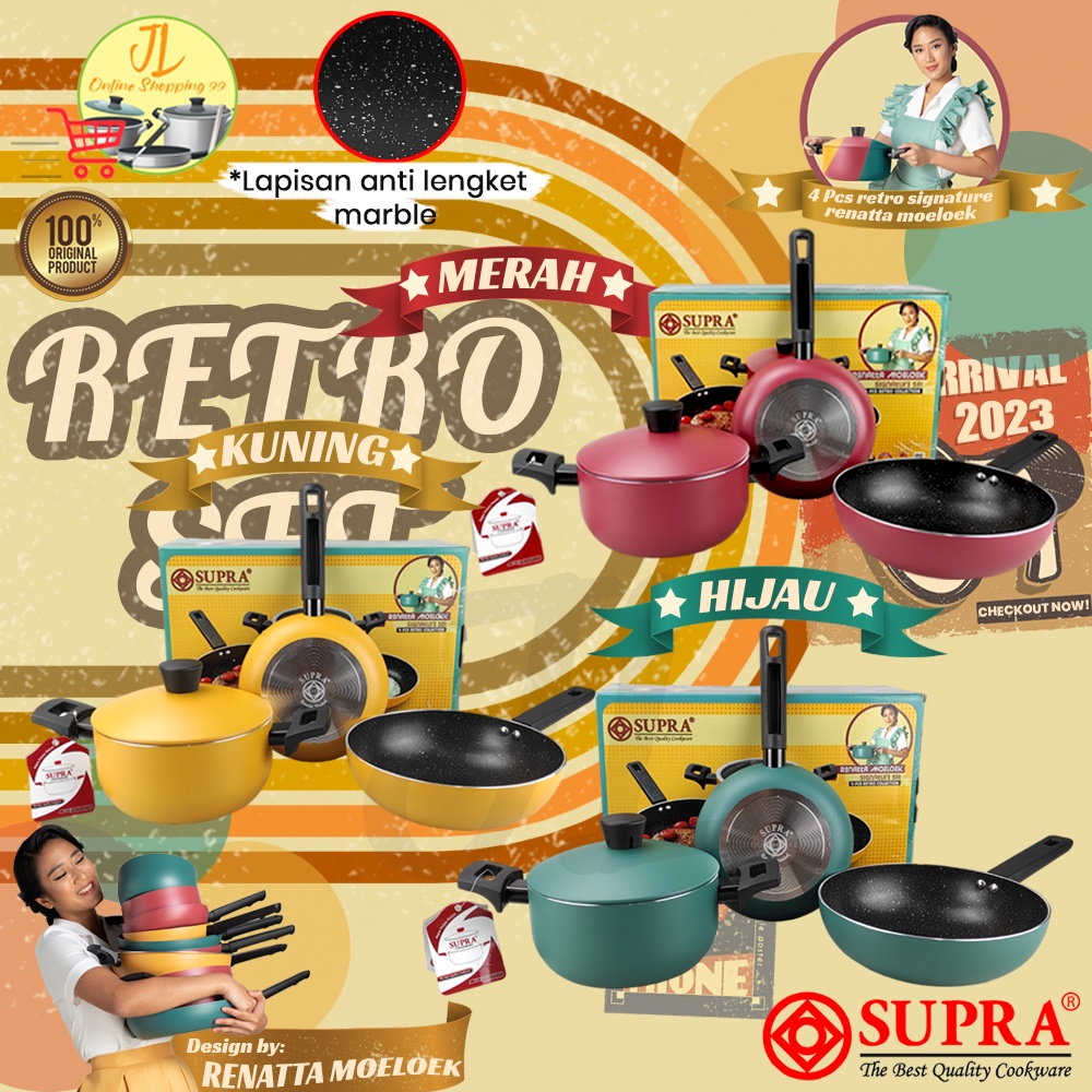 SUPRA panci set 4pcs cookware set retro signature renatta moeloek hijau/merah/kuning / teflon anti l
