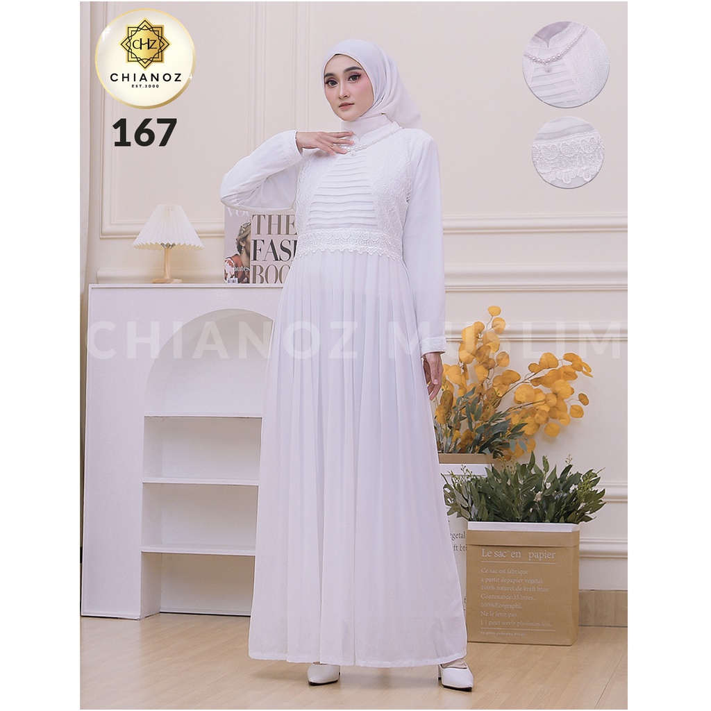 CHIANOZ Gamis Putih Mewah Talita Dress Brukat Renda Baju Lebaran Umroh Haji Manasik Pesta Akad 167