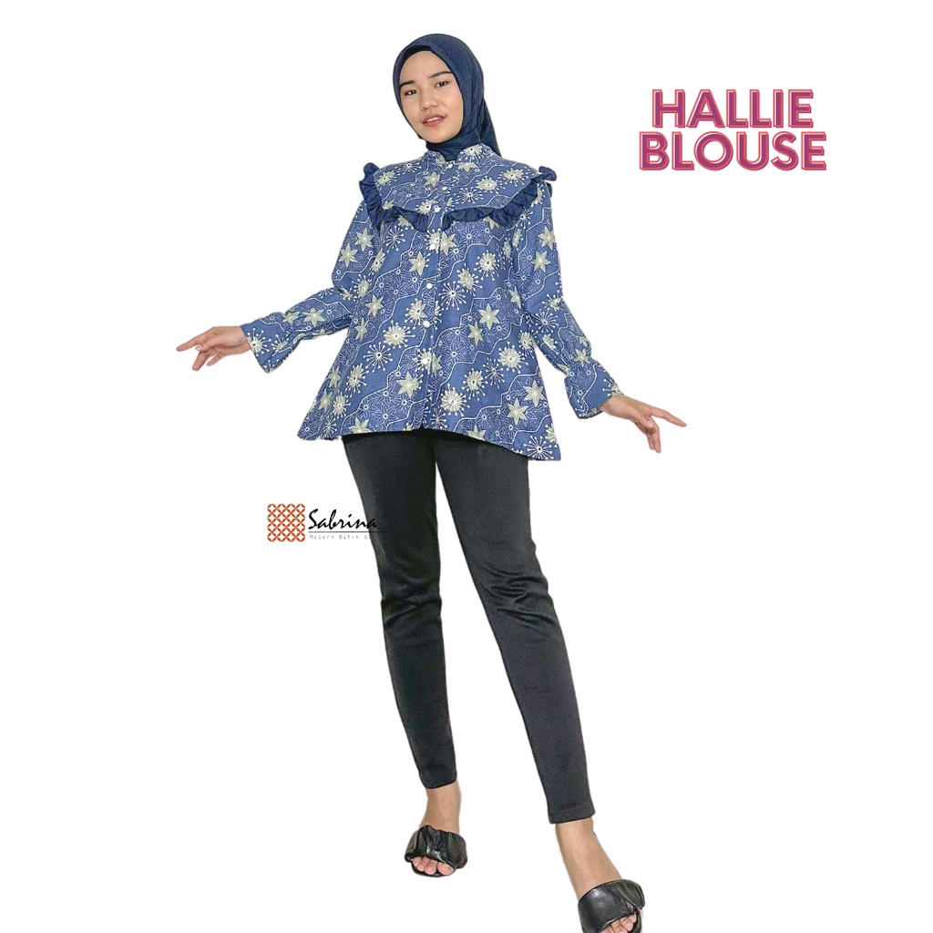 Hallie Blouse Atasan Kemeja Batik Kerja Kantor Wanita Cantik Navy Print Modis Modern Kekinian Busui