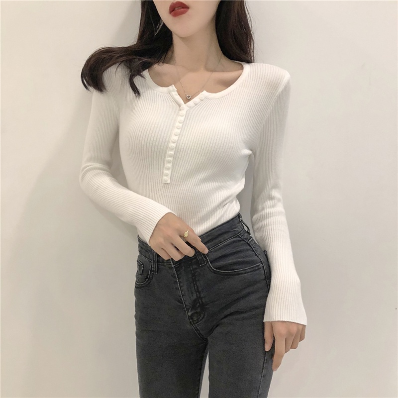 [4 Warna] EUNII Korean Style Kaos Lengan Panjang Rajutan warna polos Gaya Desain Kancing Slim Fit untuk Wanita