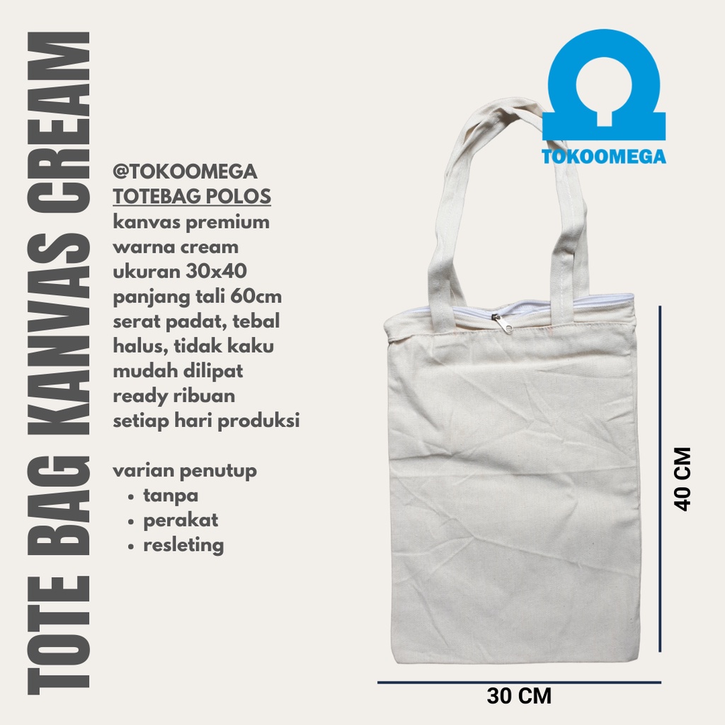 Totebag Custom Canvas Cream Dan Tas Tote Bag Polos 30x40 Tas Kuliah Wanita Dan Pria, Tote Bag Resleting Kanvas Tebal