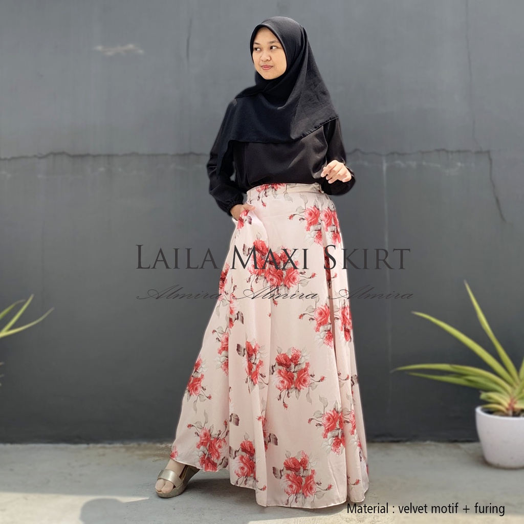 Rok Panjang Muslimah Motif Bunga  Laila Maxi Maksi Skirt  Panjang 100cm Satin Maxmara Cantik  Glossy Mewah