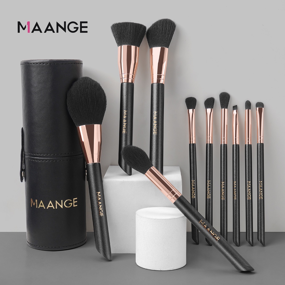 MAANGE Brush Kit 10 Kuas Riasan Gagang Kayu Profesional Dengan Tas Kuas Bulu Lembut Rambut Sutra Mikrokristalin/Gagang Kayu/Proses Cat/Tabung Aluminium 5974