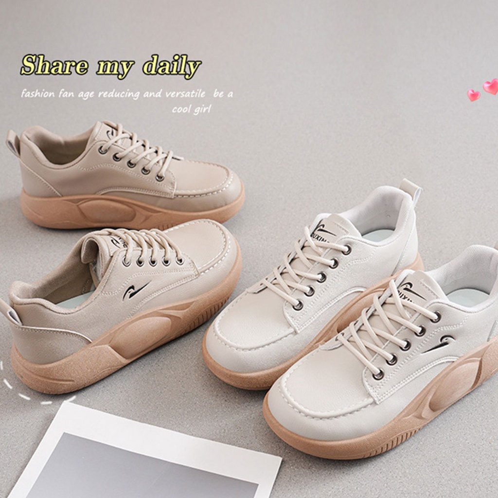 Sepatu Korea Wanita Sneakers Fashion Putih Maen Casual Kets Perempuan Import 4.0Cm Cokelat ST054