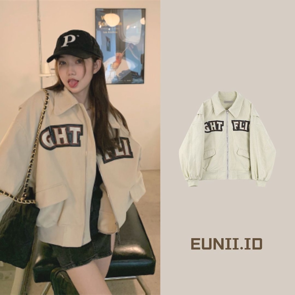 EUNII Jaket Wanita Lengan Panjang Retro Terbaru Fashion Korduroi Jacket Korean Style