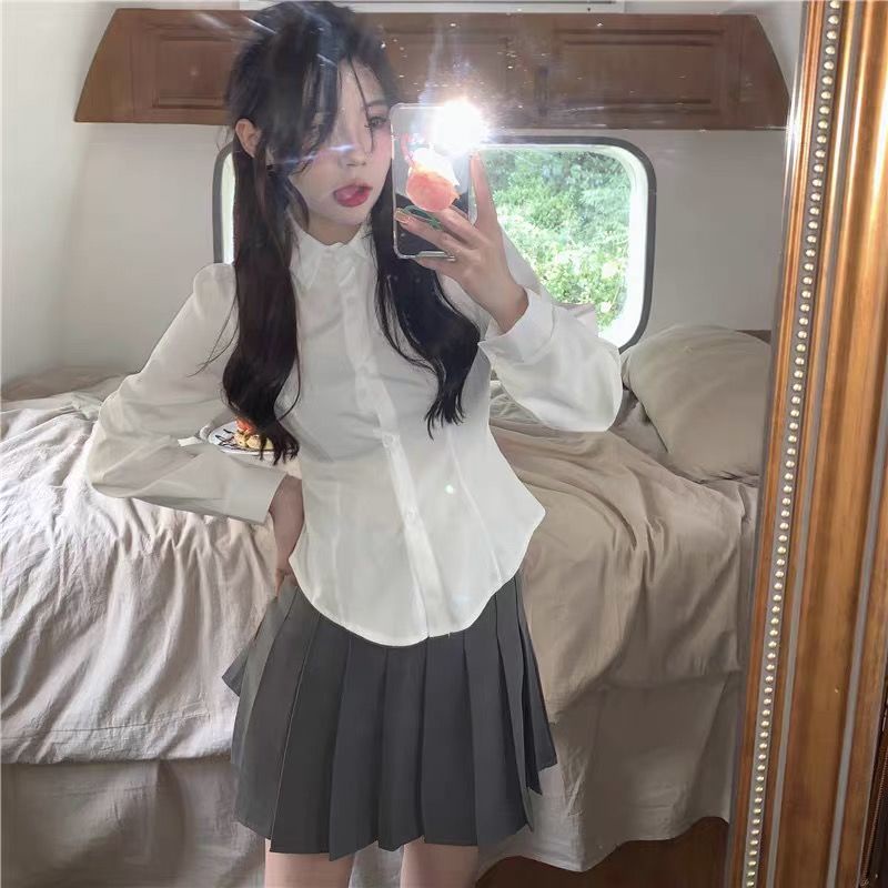 Kemeja Putih Wanita Korean Lengan Panjang Polo Casual Top