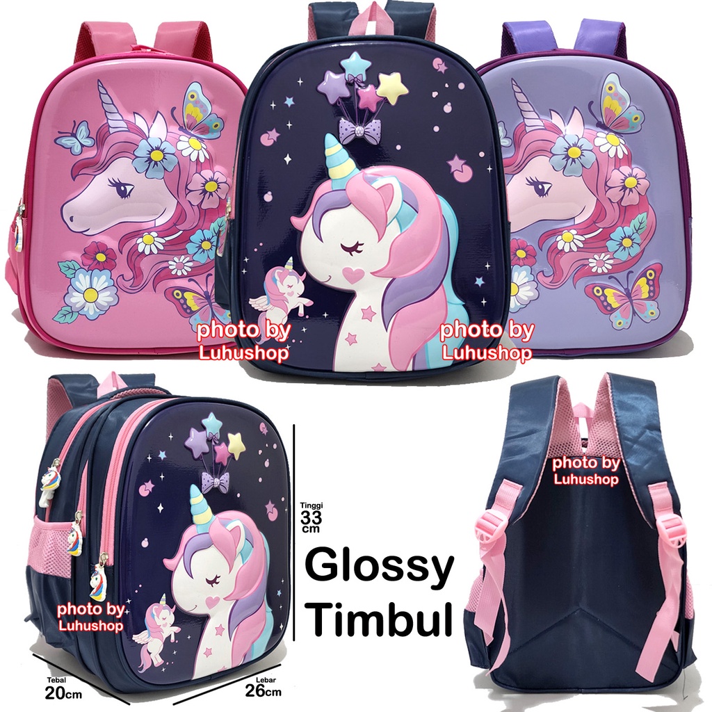 import Tas Glossy SD TK Ransel Anak Sekolah Cewe Perempuan Kuda Unicorn Elsa Timbul LOL Prosen