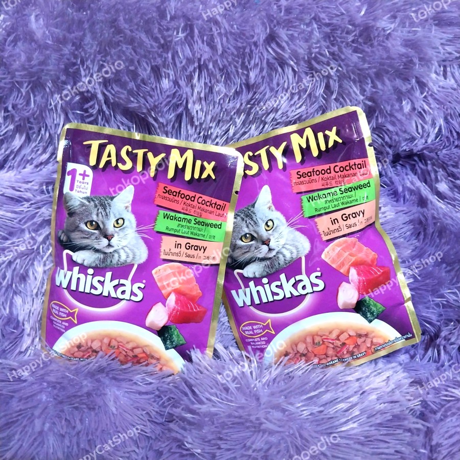 (12pcs) Whiskas Tasty Mix Pouch Sachet 70gr - Seafood Cocktail Wekame Seaweed in Gravy