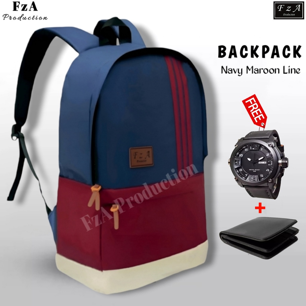 FzA Official - Tas Ransel Gendong Laptop Distro Sekolah Kuliah Pria Wanita Backpack Original Tas Punggung Laptop - Navy Maroon LN