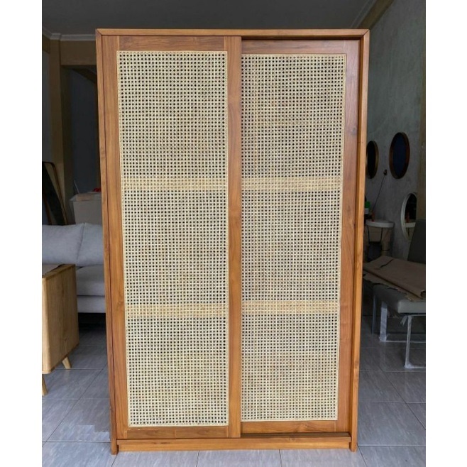 ALMARI PAKAIAN CUSTOM LEMARI SLEDING ROTAN MINIMALIS RETRO VINTAGE CABINET PINTU 2 LACI DALAM NATURA